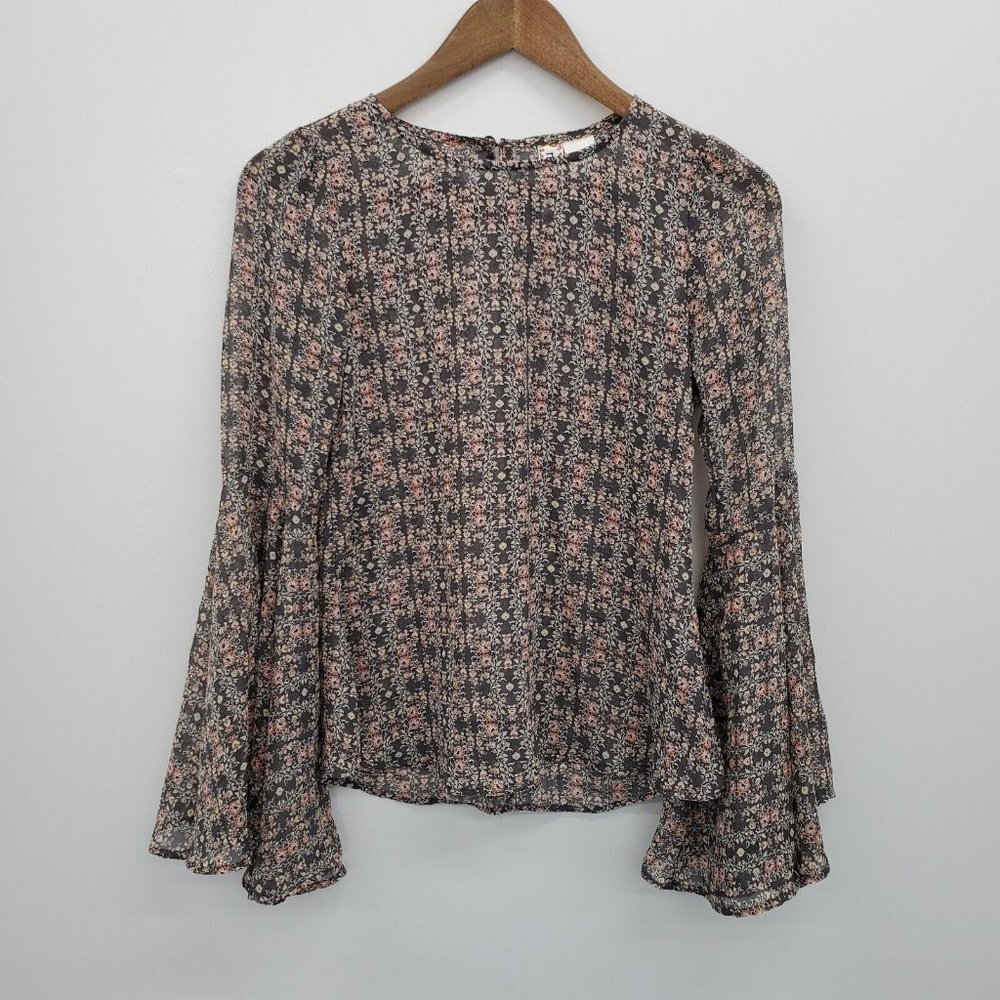Mimi‎ Chica Womens Floral Bell Sleeve Boho Top Blouse Size XS Gray Orange Yellow